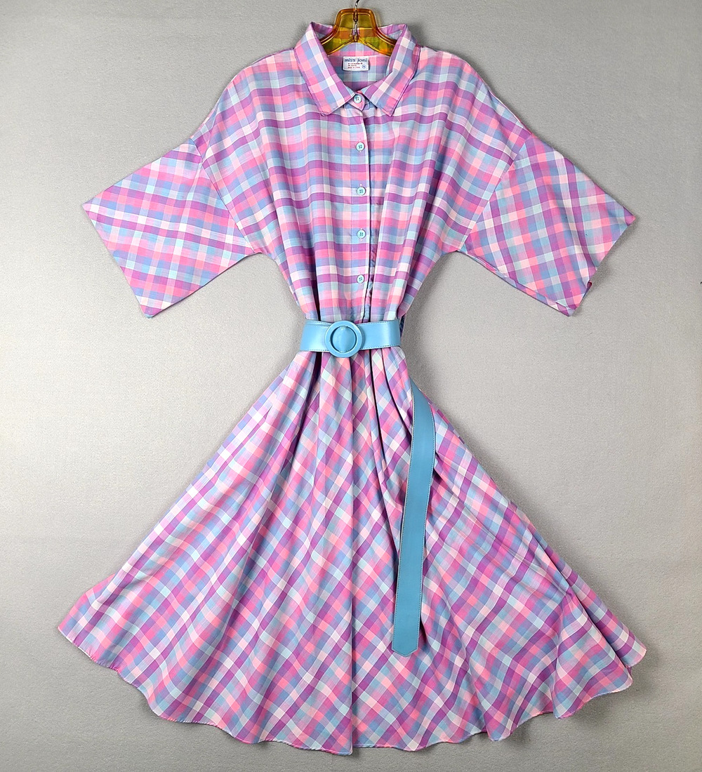 Vintage 1970s Miss Joni Dress 20 1/2 Pastel Pink Purple Plaid Belted Shirt Dress